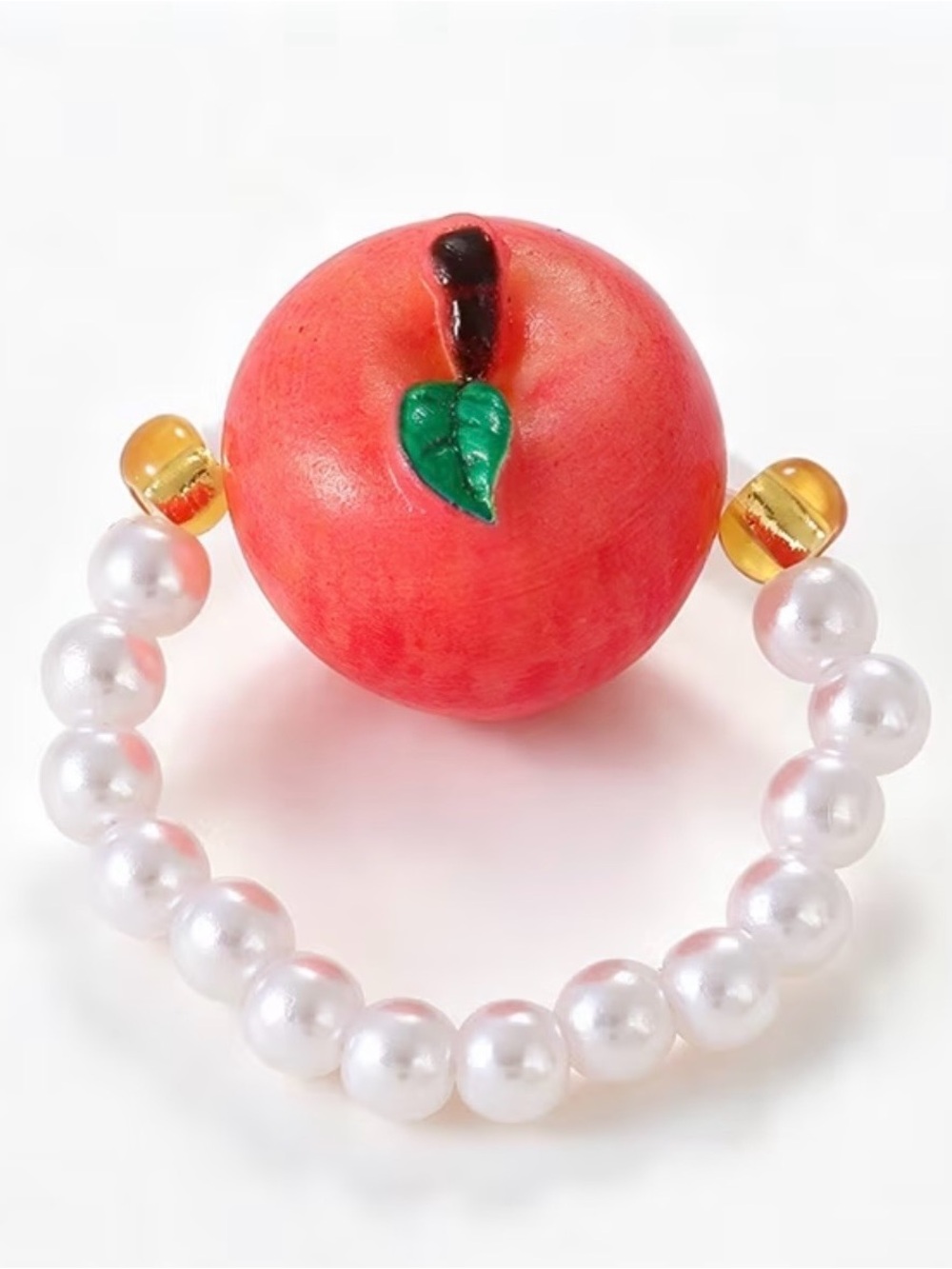Pearl Stretch Ring with Red Apple Charm